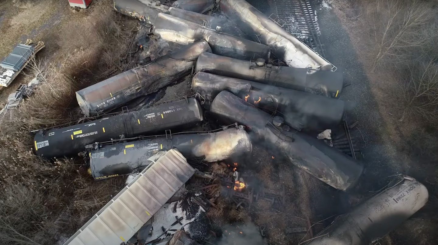 A Norfolk Southern train carrying toxic chemicals derailed in the small town of East Palestine.