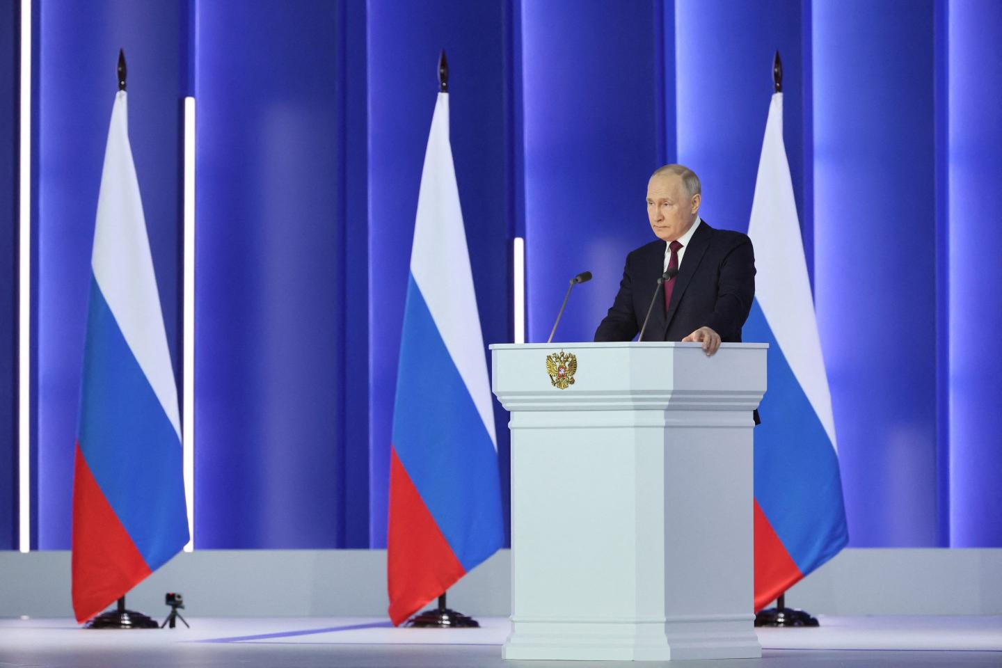 Russian President Vladimir Putin addressing the nation on Tuesday ahead of the one-year anniversary of his war in Ukraine.
