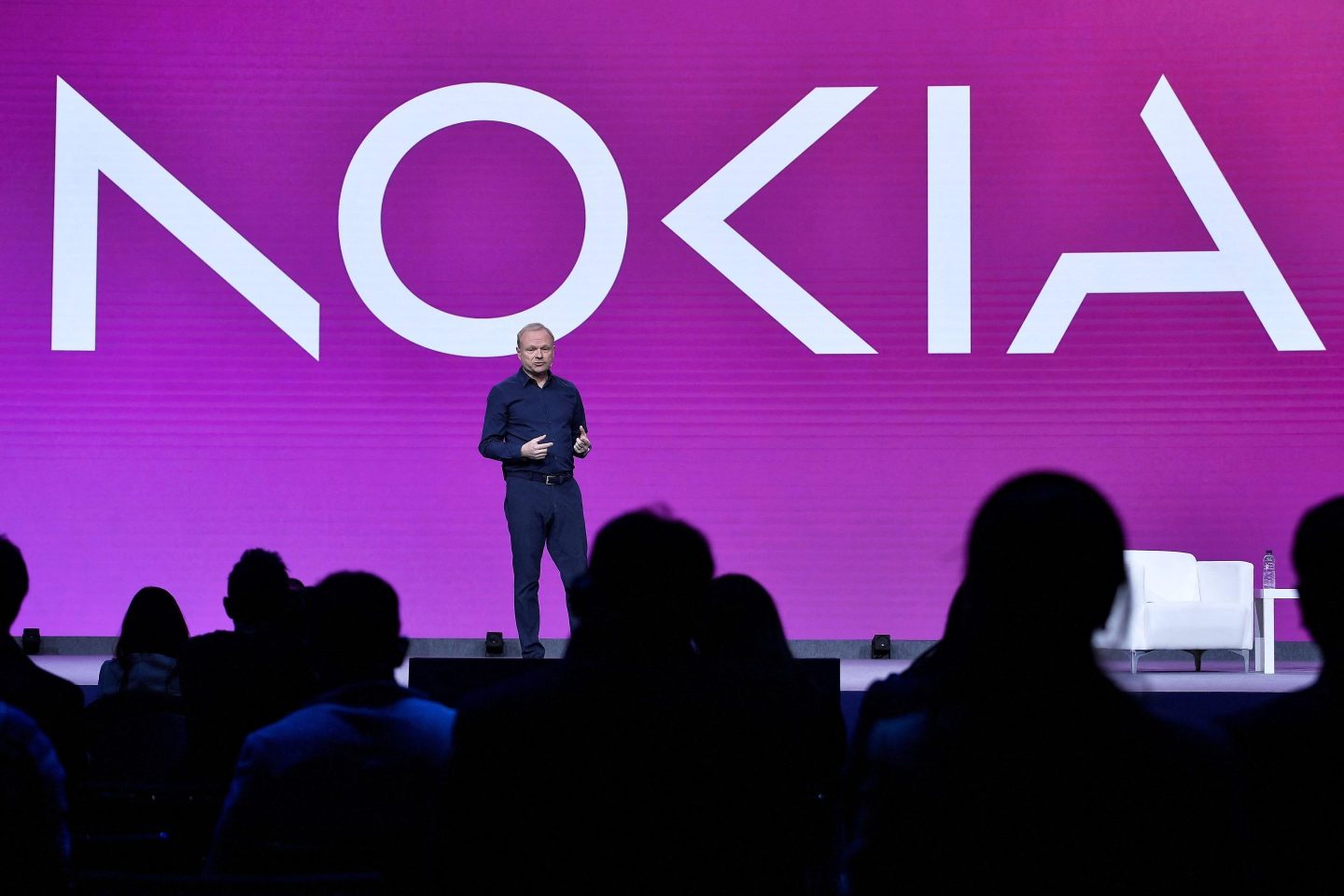 Nokia CEO Pekka Lundmark gives a press conference at the Mobile World Congress in Barcelona on Feb. 28, 2023.