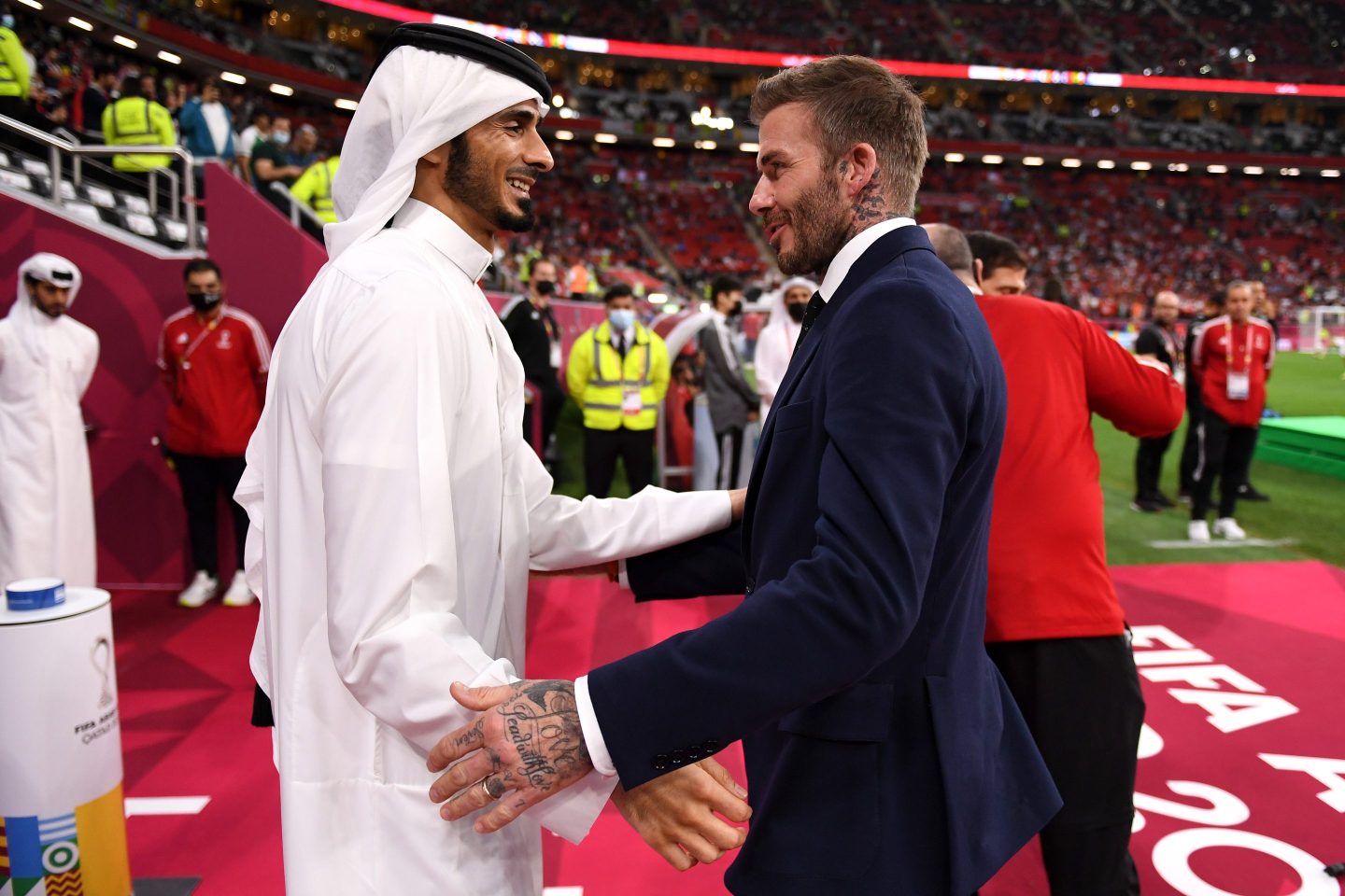 David Beckham talks to H.E Sheikh Jassim Bin Hamad Al Thani prior to the FIFA Arab Cup Qatar 2021 Final match between Tunisia and Algeria at Al Bayt Stadium on Dec. 18, 2021 in Al Khor, Qatar.