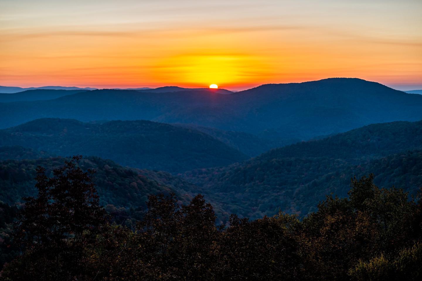 A sunrise view of Monongahela National Forest in the Appalachian Mountains in West Virginia