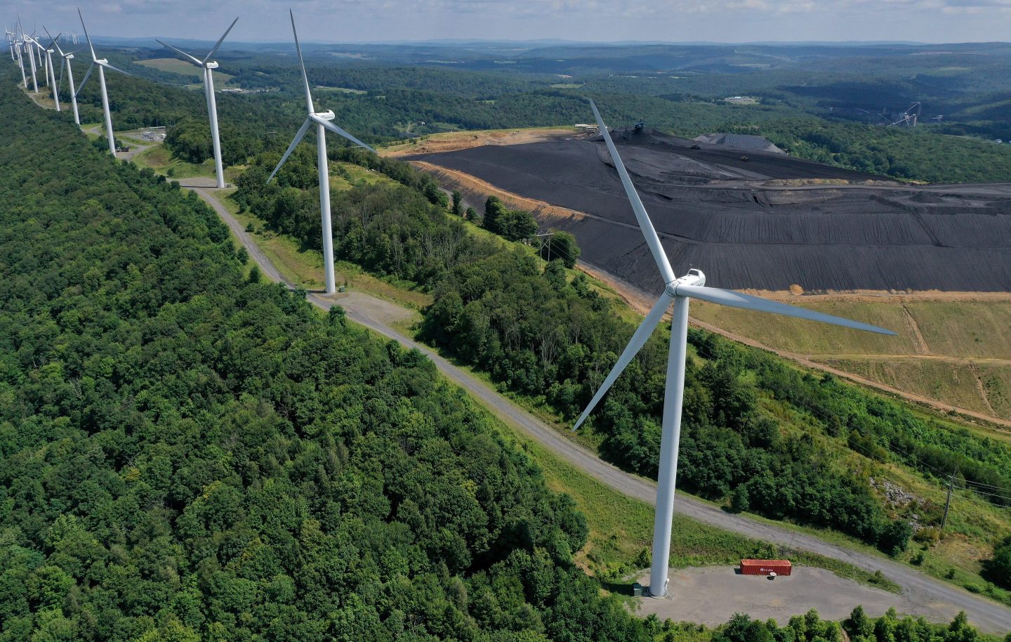 An aerial view of the Roth Rock wind farm next to the Mettiki Coal processing plant in Oakland, Maryland.