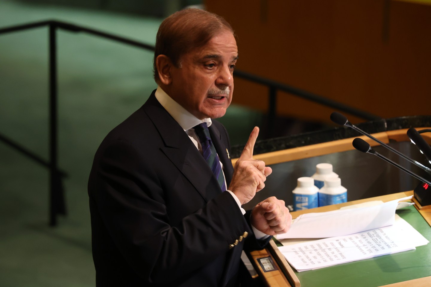 Pakistani Prime Minister Shehbaz Sharif speaks at the 77th session of the United Nations General Assembly (UNGA) at U.N. headquarters on September 23, 2022 in New York City.