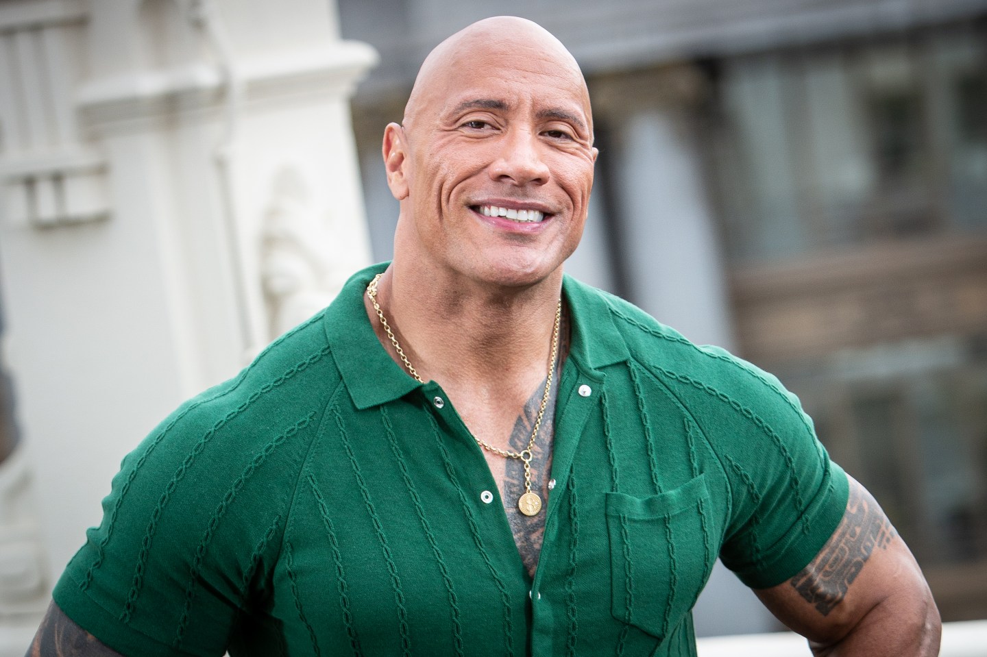 MADRID, SPAIN - OCTOBER 19: US actor Dwayne Johnson attends the "Black Adam" photocall at NH Collection Madrid Eurobuilding hotel on October 19, 2022 in Madrid, Spain. (Photo by Pablo Cuadra/WireImage)