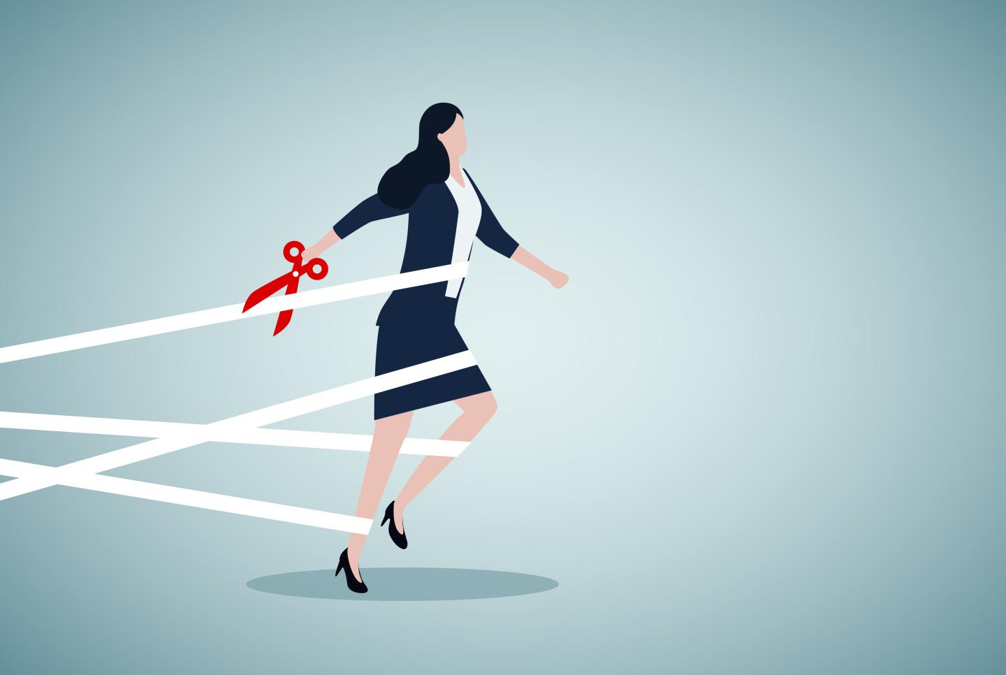 Illustration of a businesswoman stepping forward while cutting white ropes holding her in place