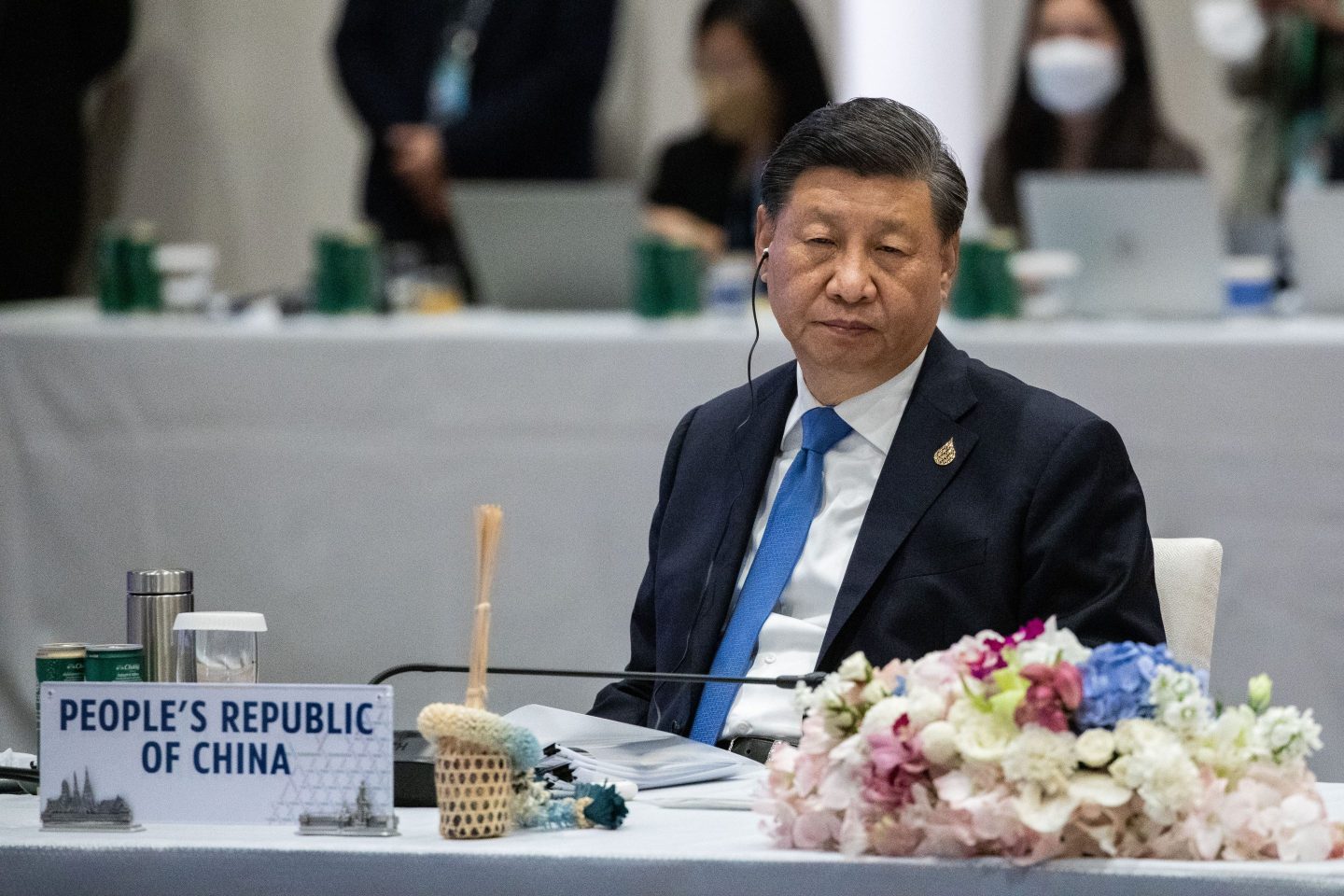 President Xi Jinping of China sits in on the APEC Economic Leaders handoff ceremony in the Queen Sirikit National Convention Center on November 19, 2022 in Bangkok, Thailand.