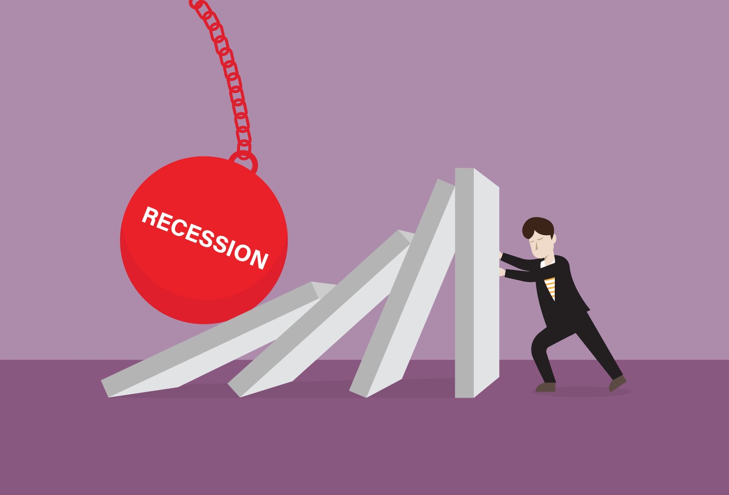 Illustration of a large wrecking ball labeled “recession”