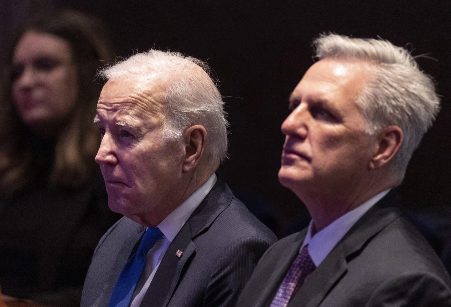 U.S. President Joe Biden (L) sits next to Speaker of the House Kevin McCarthy (R-CA) during the National Prayer Breakfast at the U.S. Capitol on February 02, 2023 in Washington, DC.