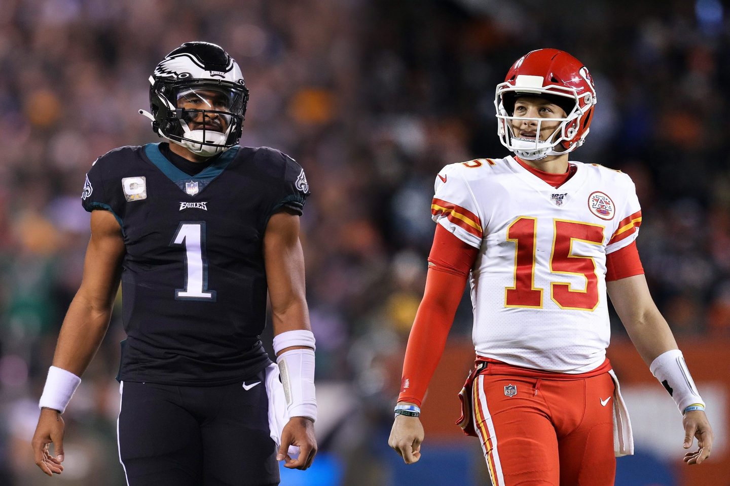 Photo of quarterback Jalen Hurts (No. 1) of the Philadelphia Eagles (left) and quarterback Patrick Mahomes (No. 15) of the Kansas City Chiefs (right).