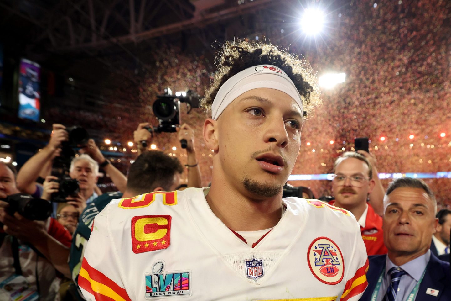 Patrick Mahomes #15 of the Kansas City Chiefs celebrates after beating the Philadelphia Eagles in Super Bowl LVII at State Farm Stadium on February 12, 2023 in Glendale, Arizona.