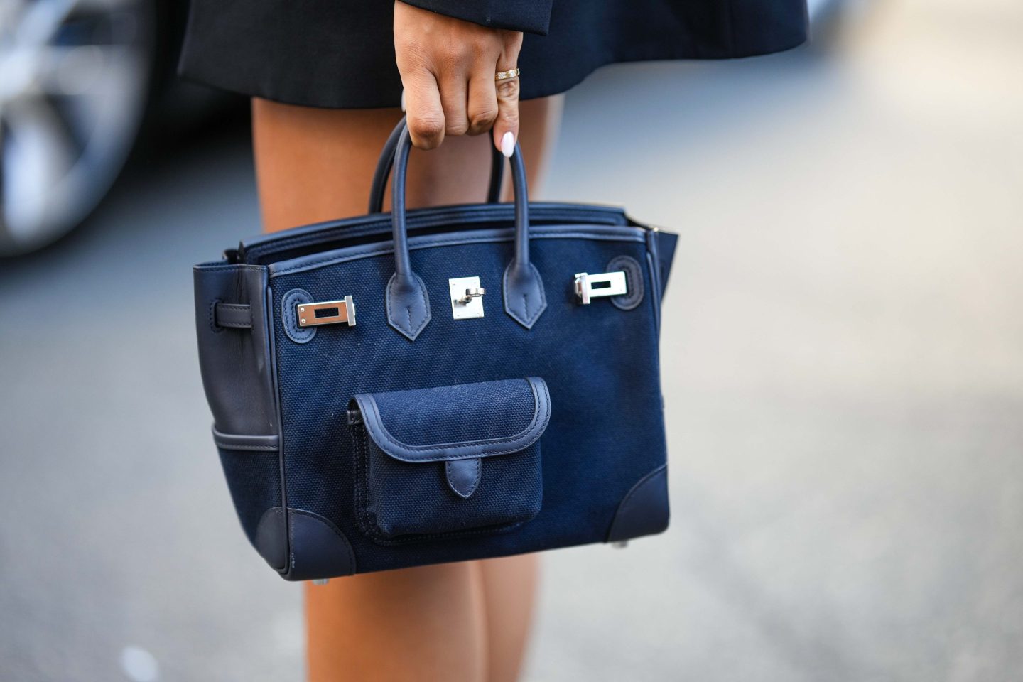 A fabric Birkin handbag from Hermes.