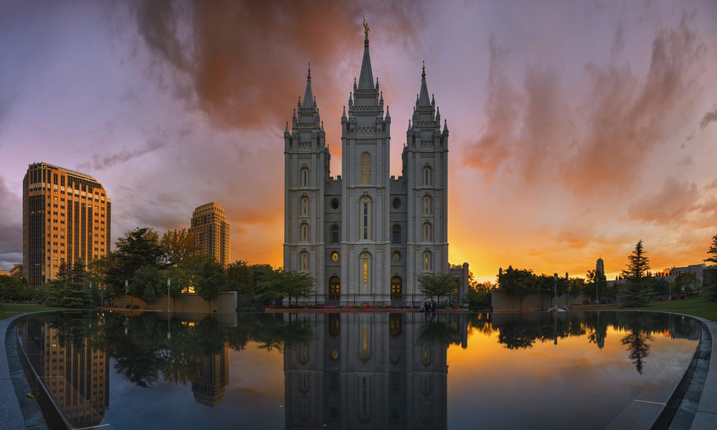Salt Lake Temple in Temple Square at sunset.