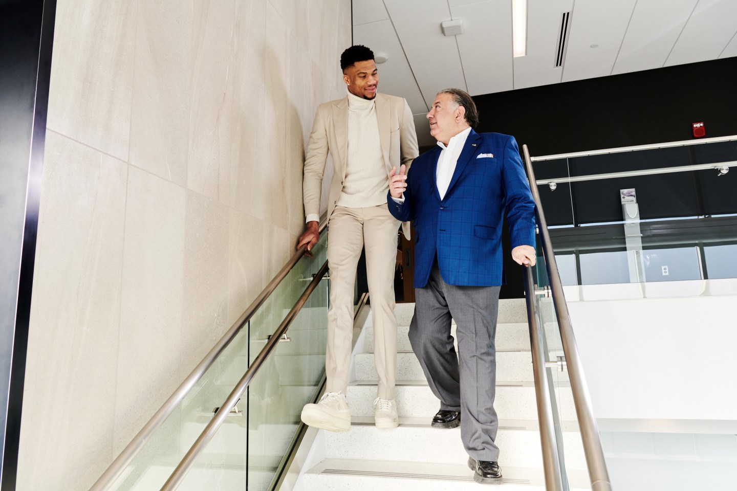 NBA player Giannis Antetokounmpo and Calamos CEO John Koudounis inside the Milwaukee Bucks training facility on Feb. 1, 2023 in Milwaukee, Wisconsin.