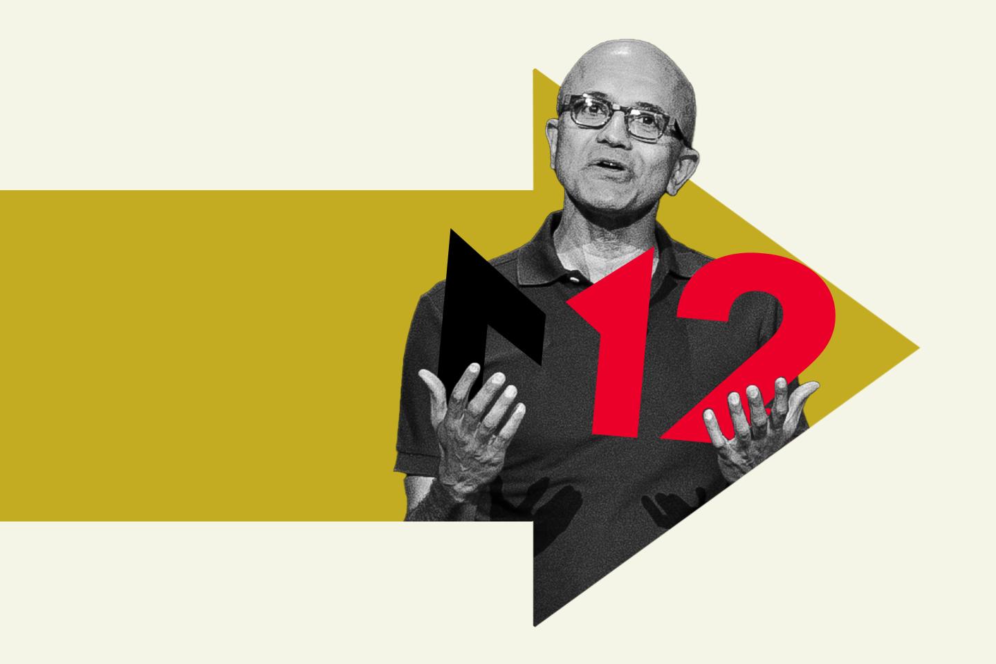 Photo illustration of Microsoft CEO Satya Nadella holding M12 logo.