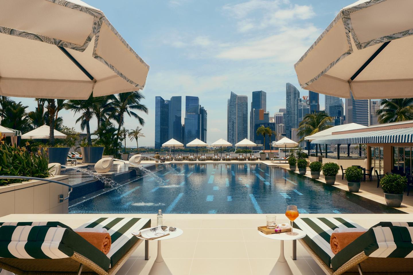 A daytime view of Marina Bay from the pool deck at the Mandarin Oriental Singapore.