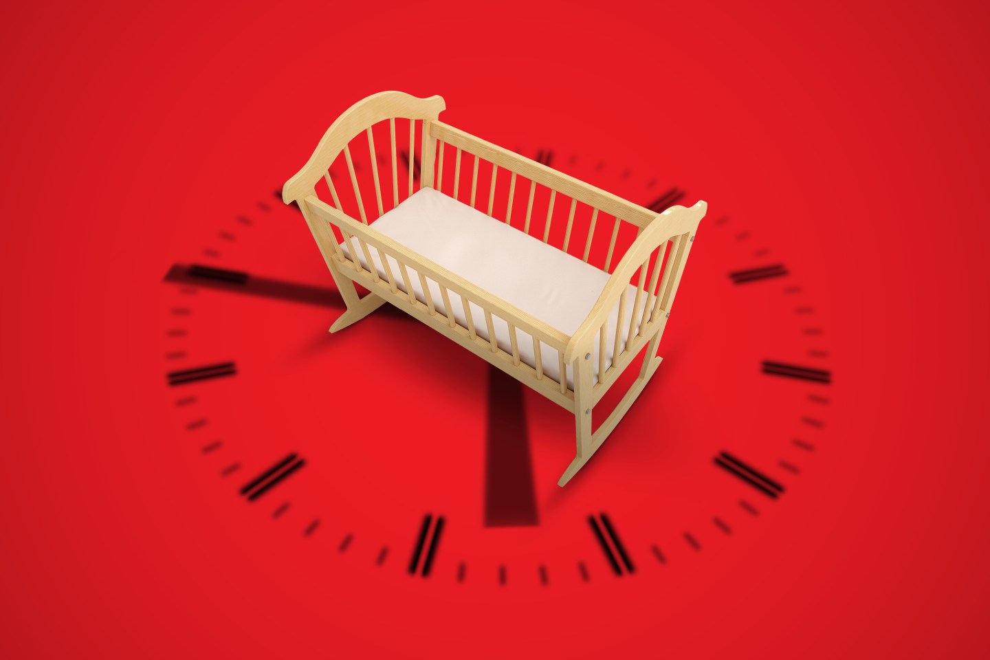 Photo illustration of an empty baby crib sitting on top of a clock.