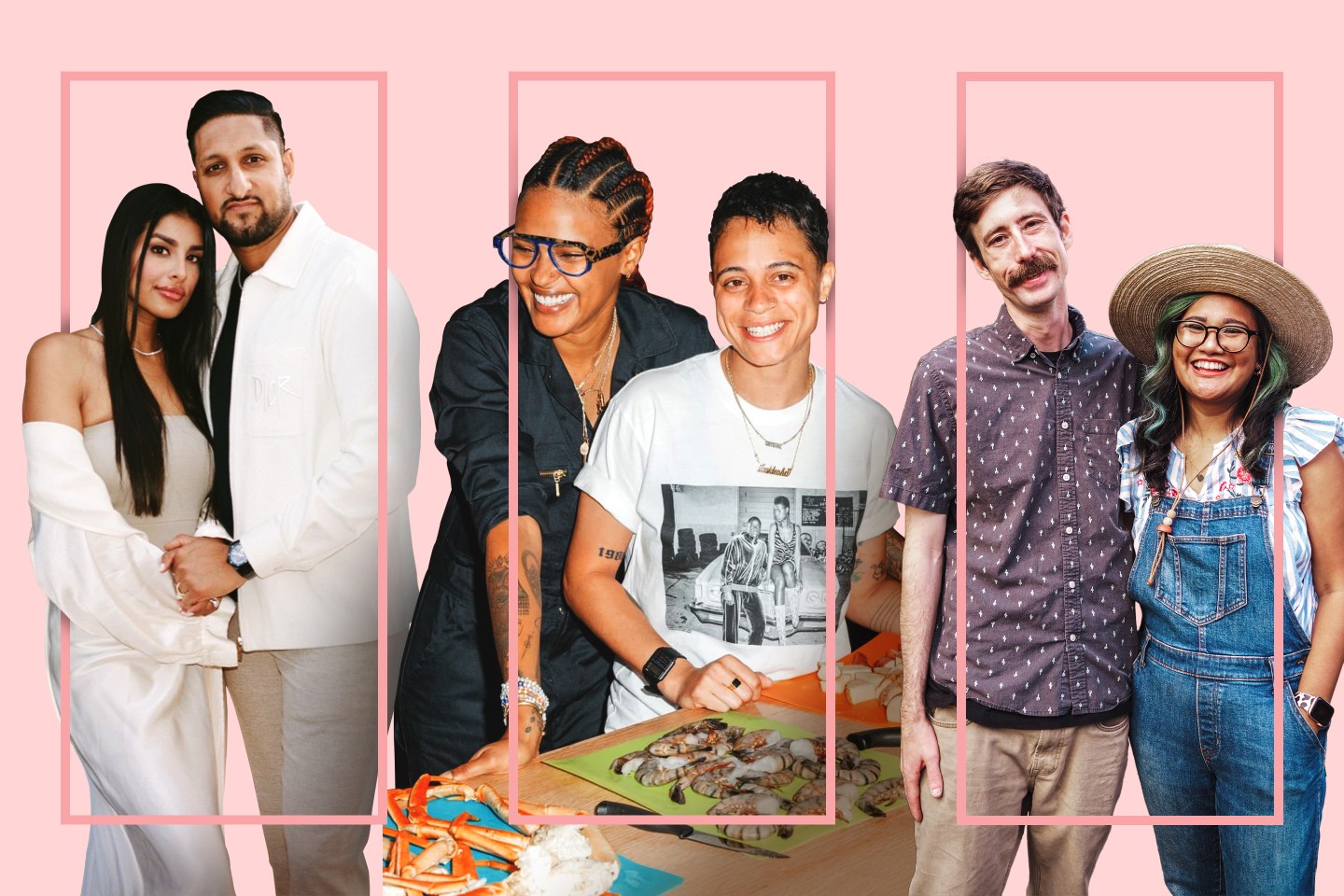 Photo illustration of Seema Bansal and Sunny Chadha, Crystal Anderson and Kiesh Herman, and Adam and Danella McKinnon, each surrounded by a pink frame.