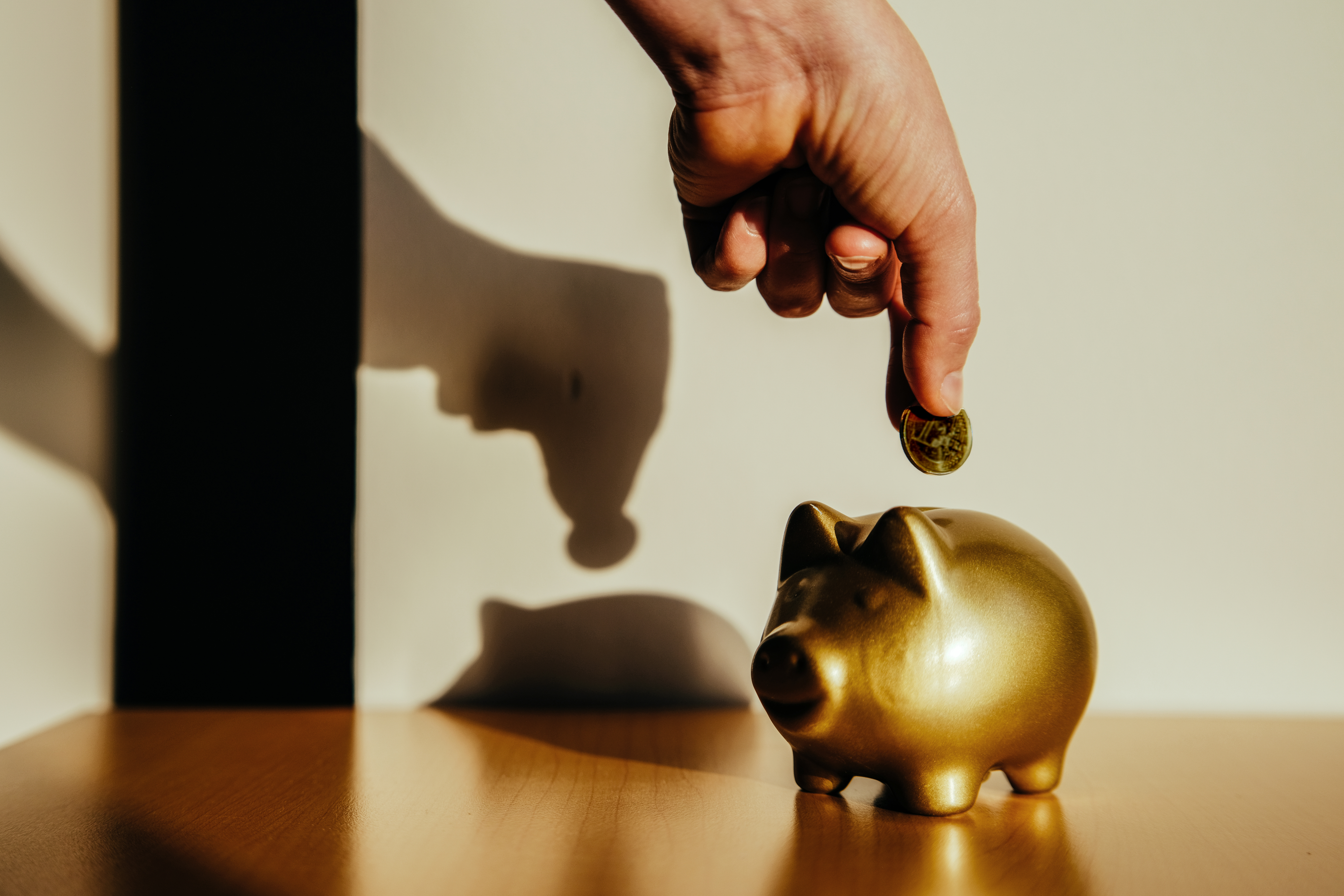 Woman putting a coin in a golden piggy bank in harsh natural light.