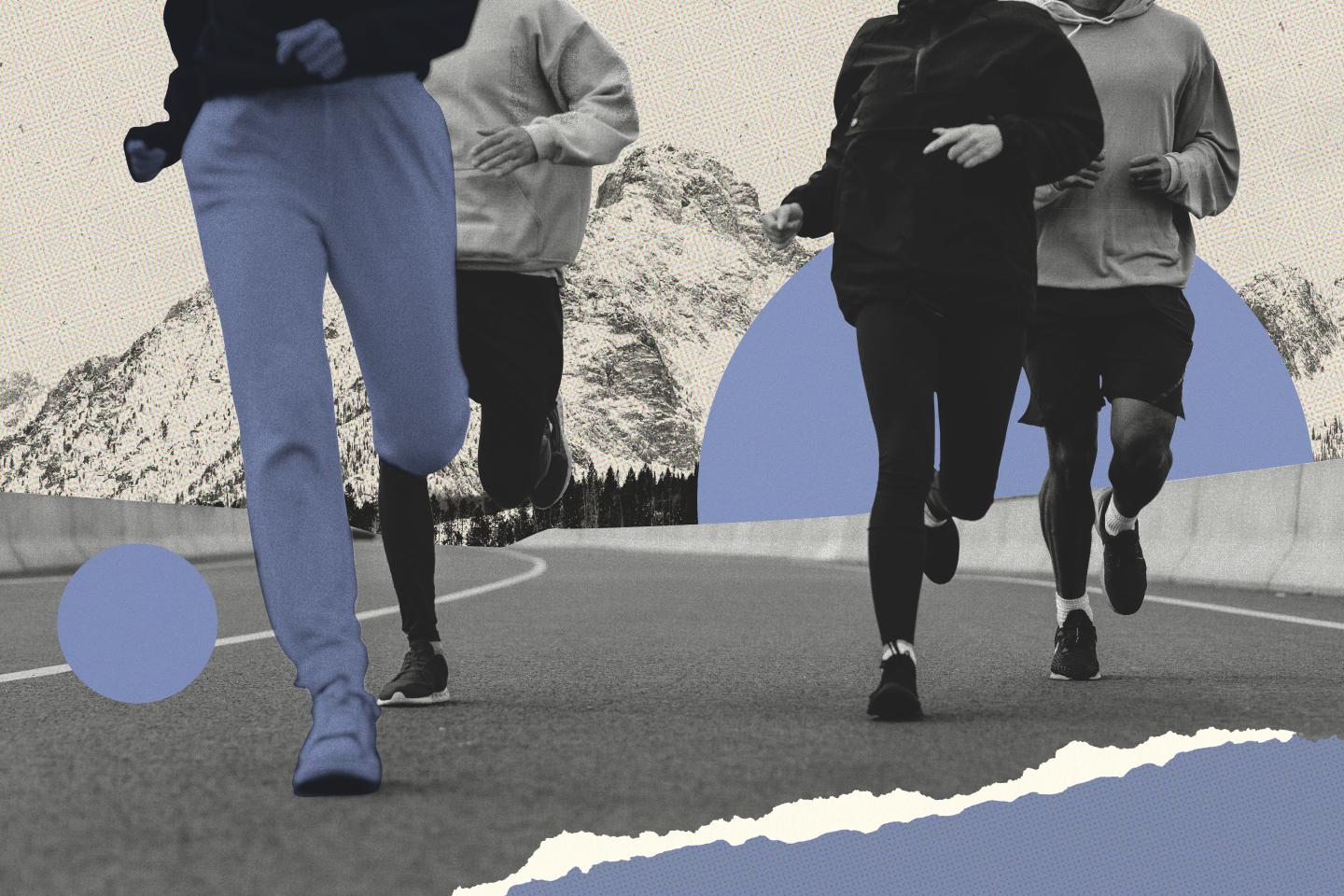 Black and white photo with blue accents of runners.