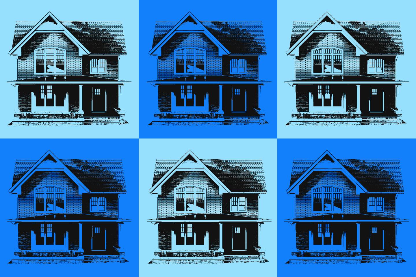 Photo illustration shows six homes against light and dark blue backgrounds