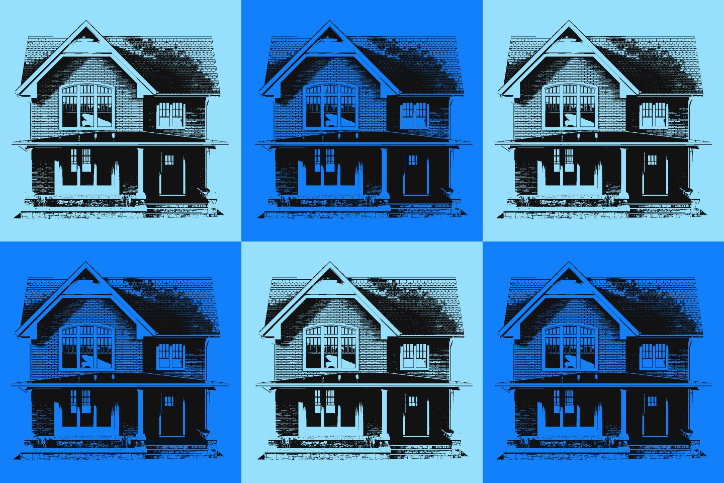 Photo illustration shows six homes against light and dark blue backgrounds