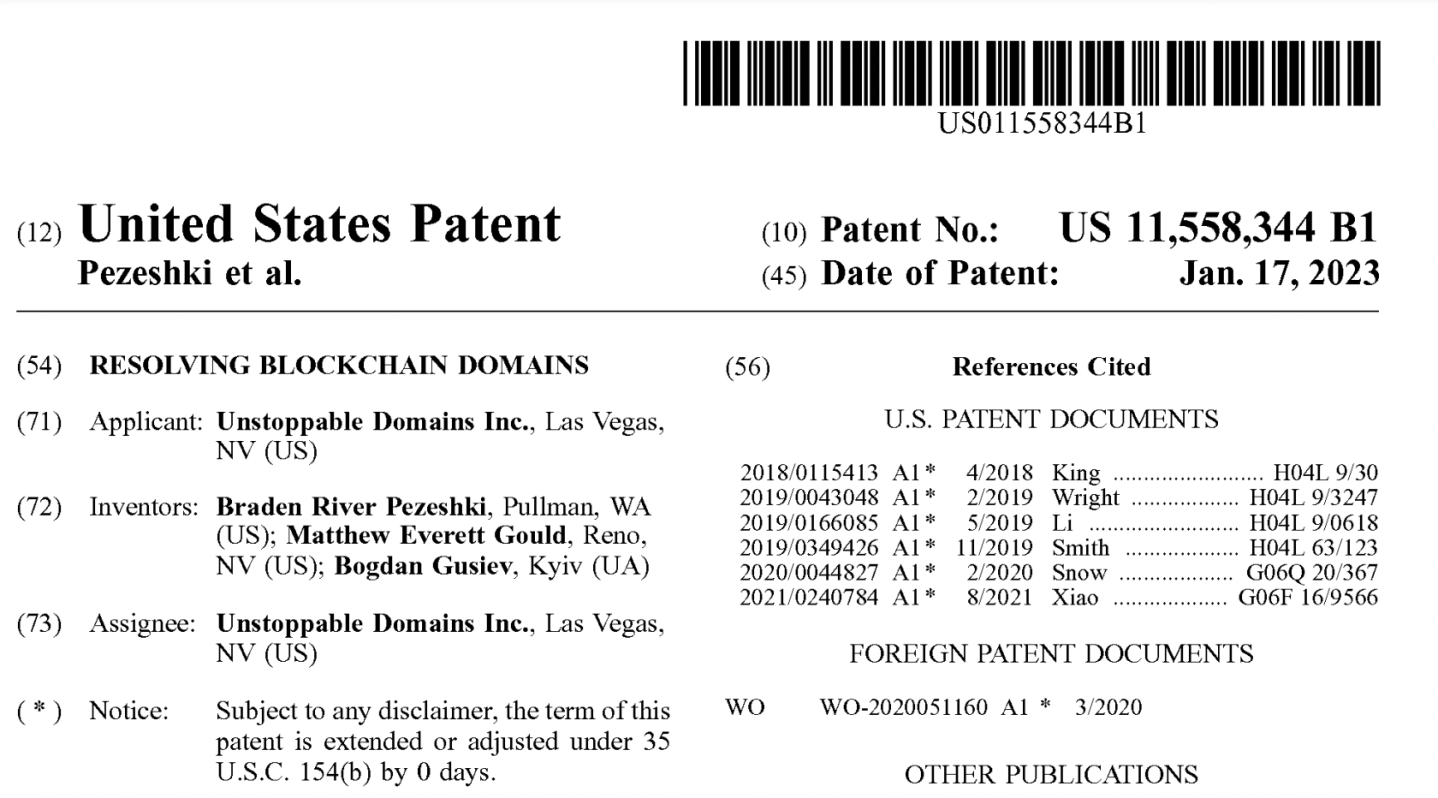 An Unstoppable Domains patent.