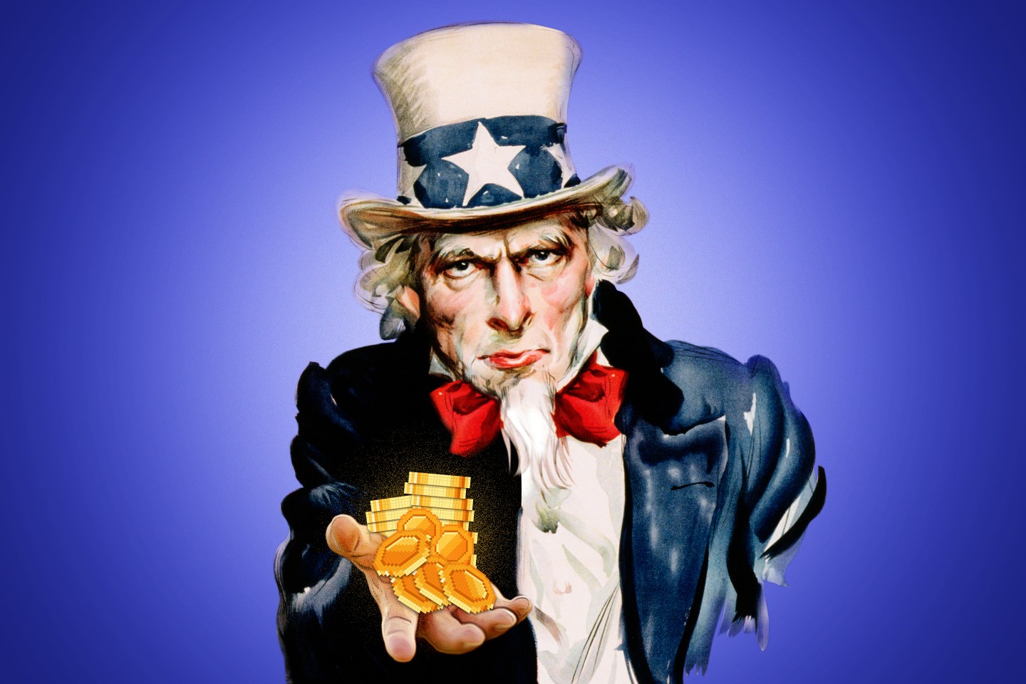 Photo illustration of Uncle Sam with his hand outstretched holding a pile of stablecoins/crypto tokens.