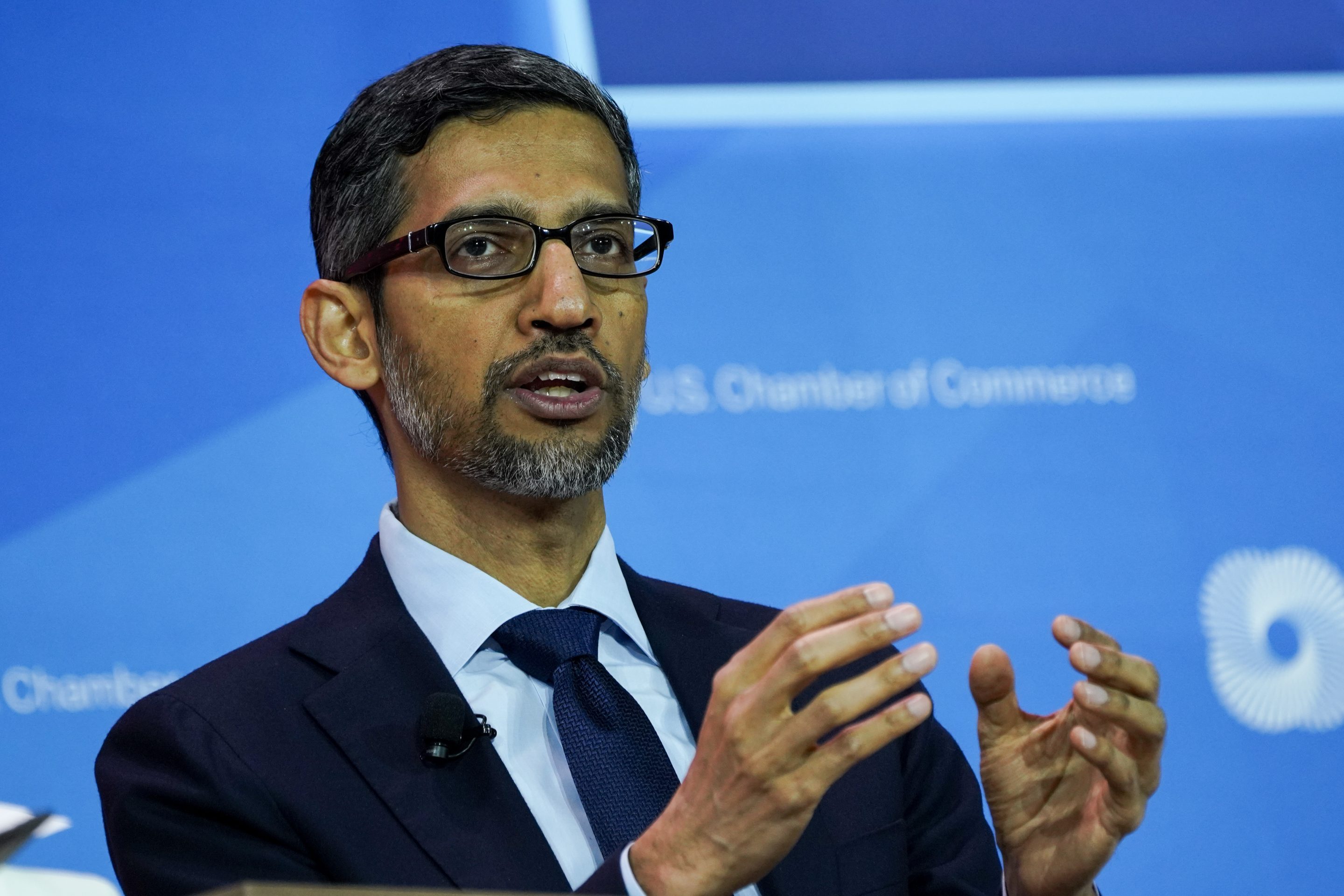 Photo of Alphabet CEO Sundar Pichai speaking.