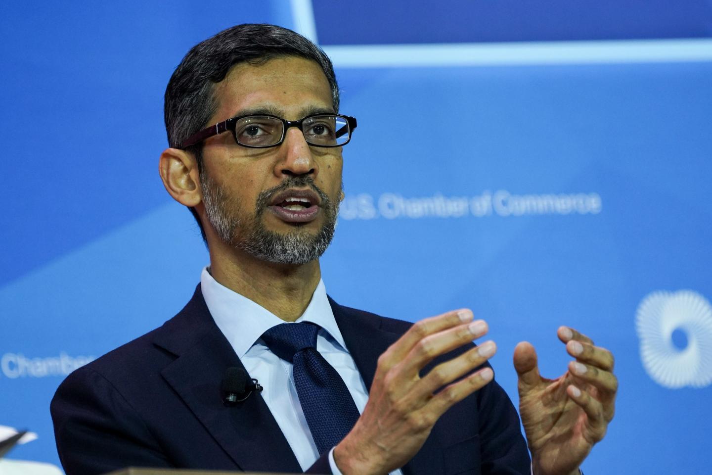 Photo of Alphabet CEO Sundar Pichai speaking.