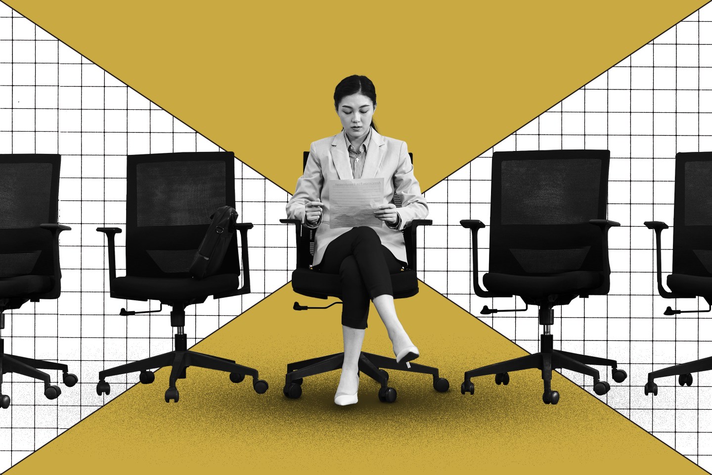 Photo illustration of a young woman sitting in a desk chair waiting for an interview.
