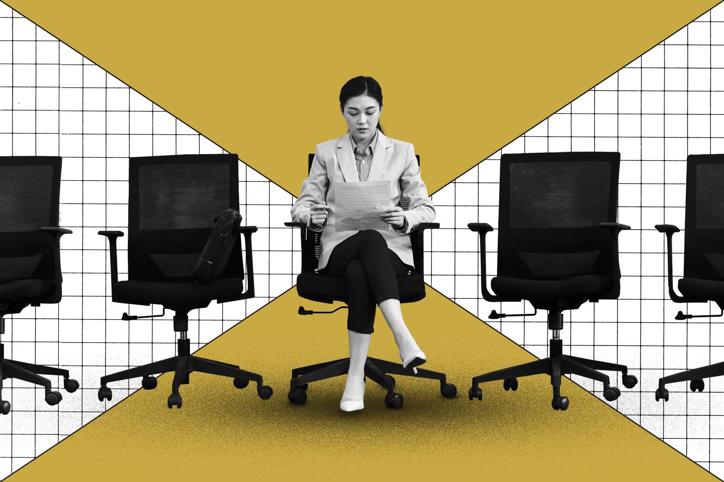 Photo illustration of a young woman sitting in a desk chair waiting for an interview.
