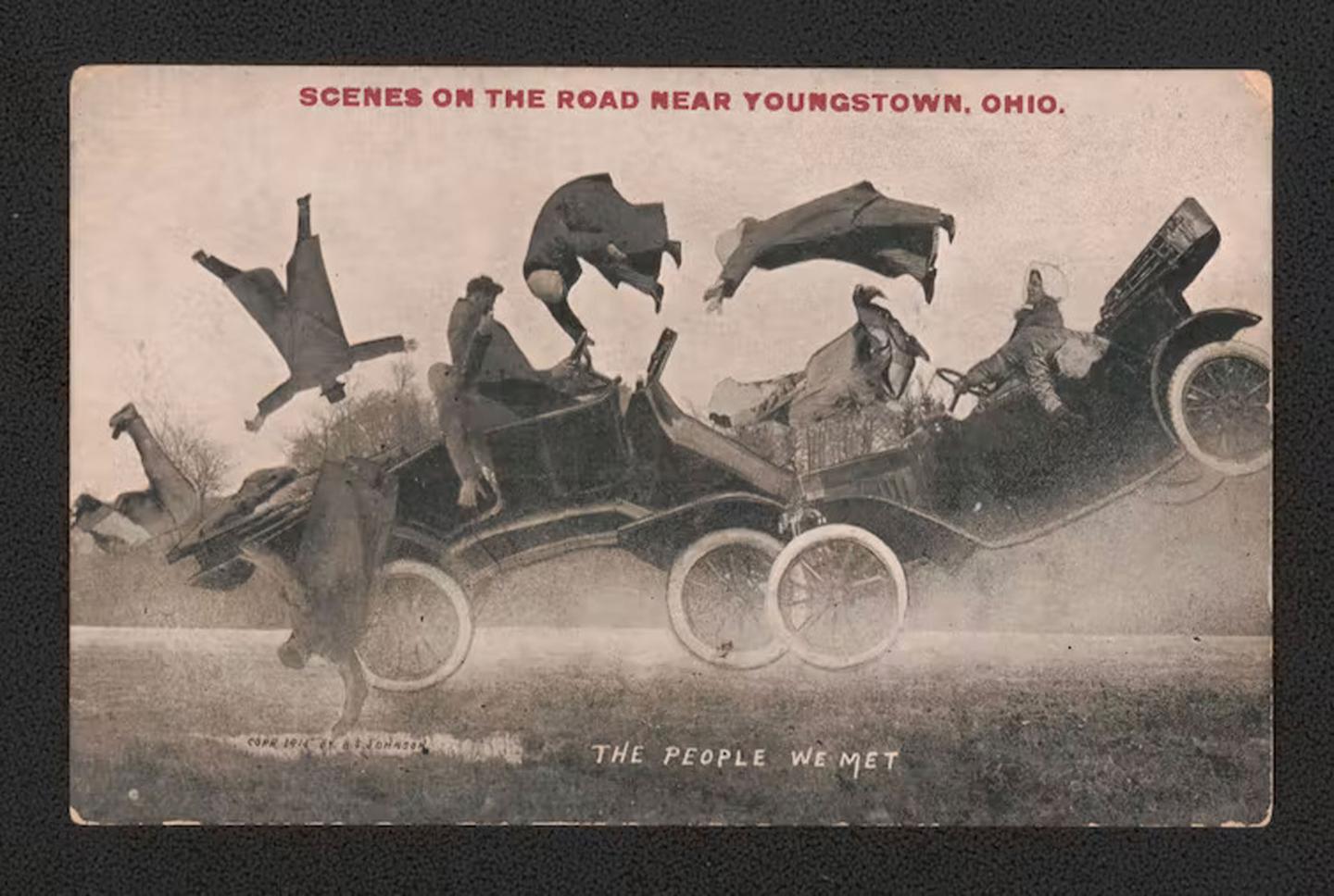 Old staged photo of a car accident.