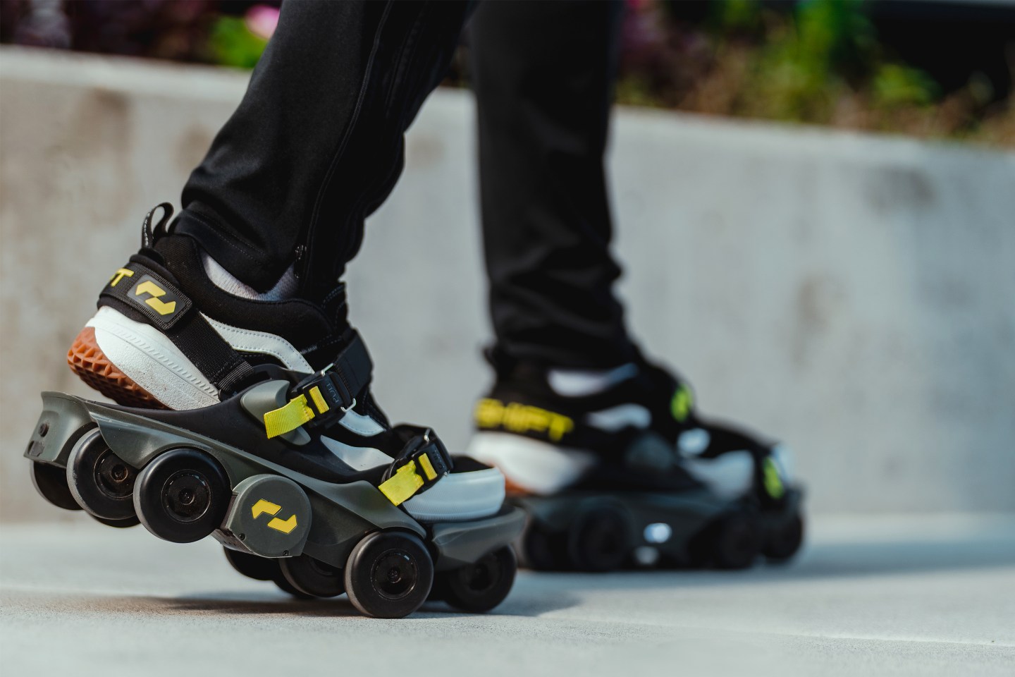 Shift Robotics Moonwalkers are a pair of shoes that allows people to walk at an accelerated pace.