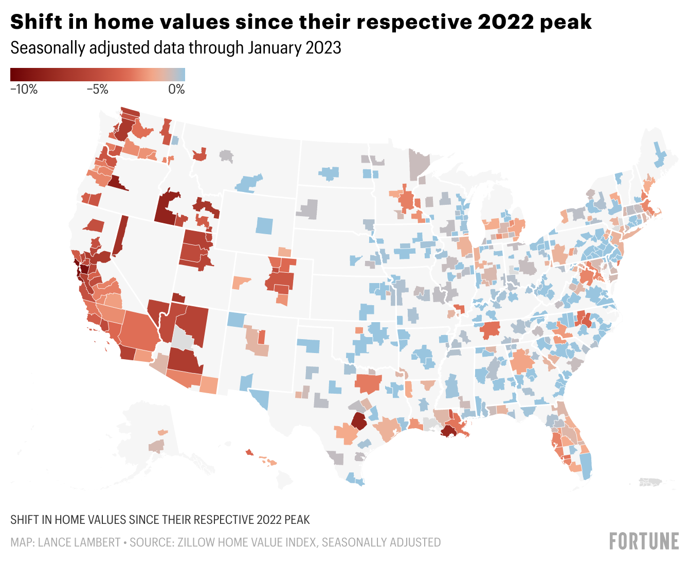 Chart showing the shift in U.S. home values since their respective 2022 peak