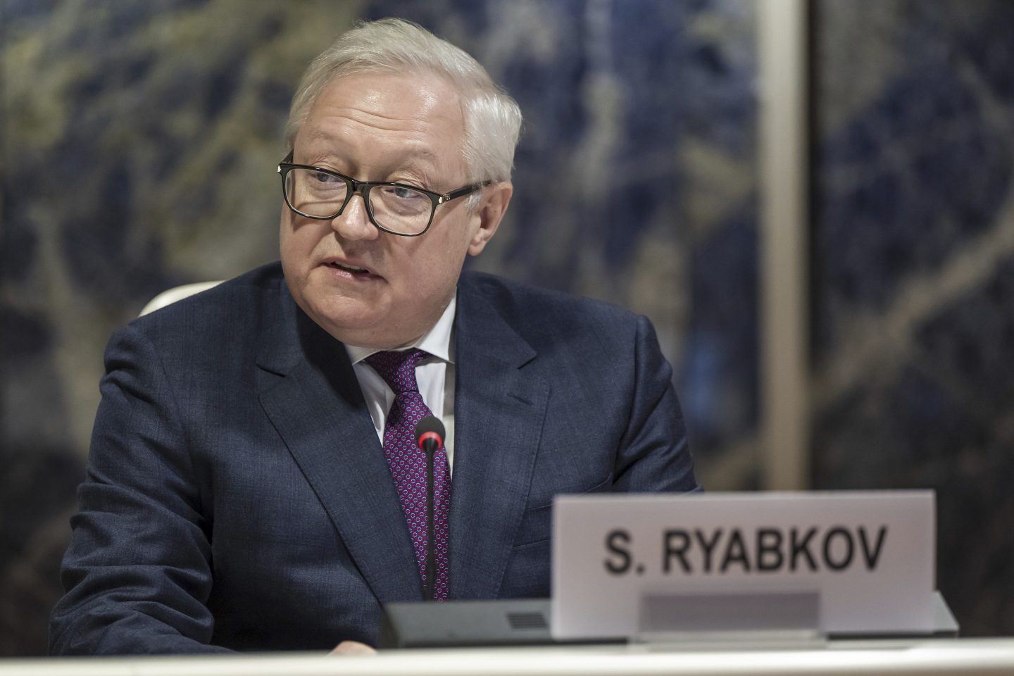 Russian Deputy Minister of Foreign Affairs Sergei Ryabkov delivers his speech during a session of the Conference on Disarmament at the European headquarters of the United Nations in Geneva, Switzerland, Thursday, March 2, 2023.