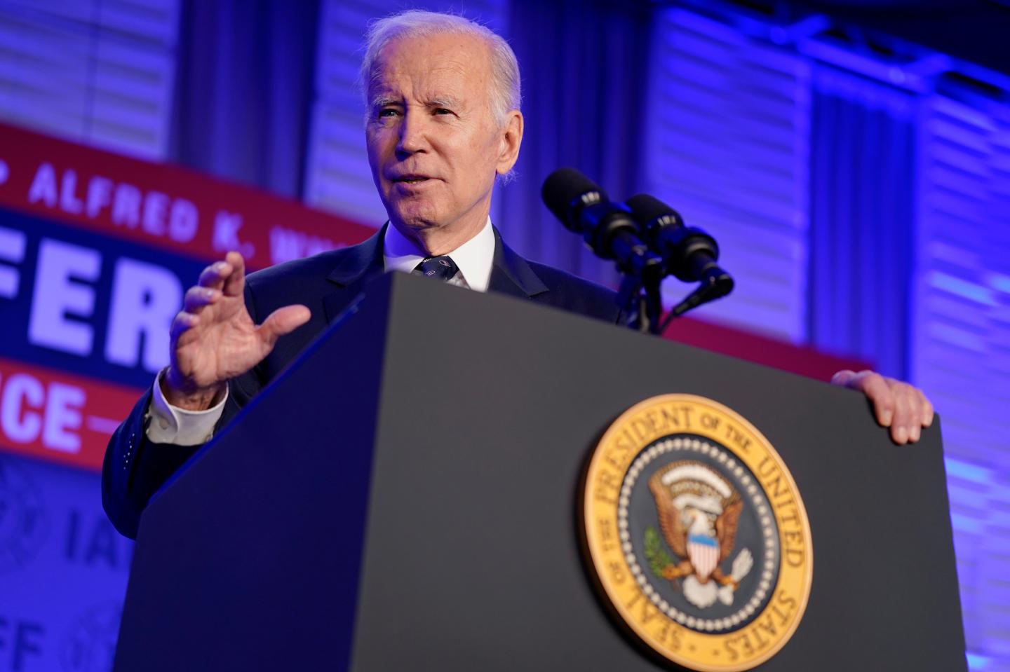 President Joe Biden delivers remarks to the 2023 International Association of Fire Fighters Legislative Conference, Monday, March 6, 2023, in Washington. (AP Photo/Evan Vucci)