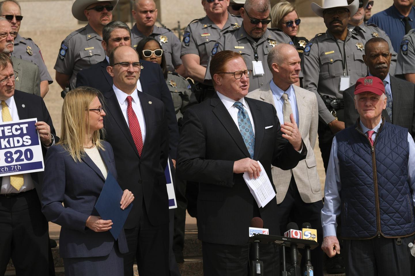 Dr. Jarod Mendenhall, Muskogee School Superintendent, speaks at a No on 820 rally on the south plaza of the Capitol in Oklahoma City on March 6, 2023. 