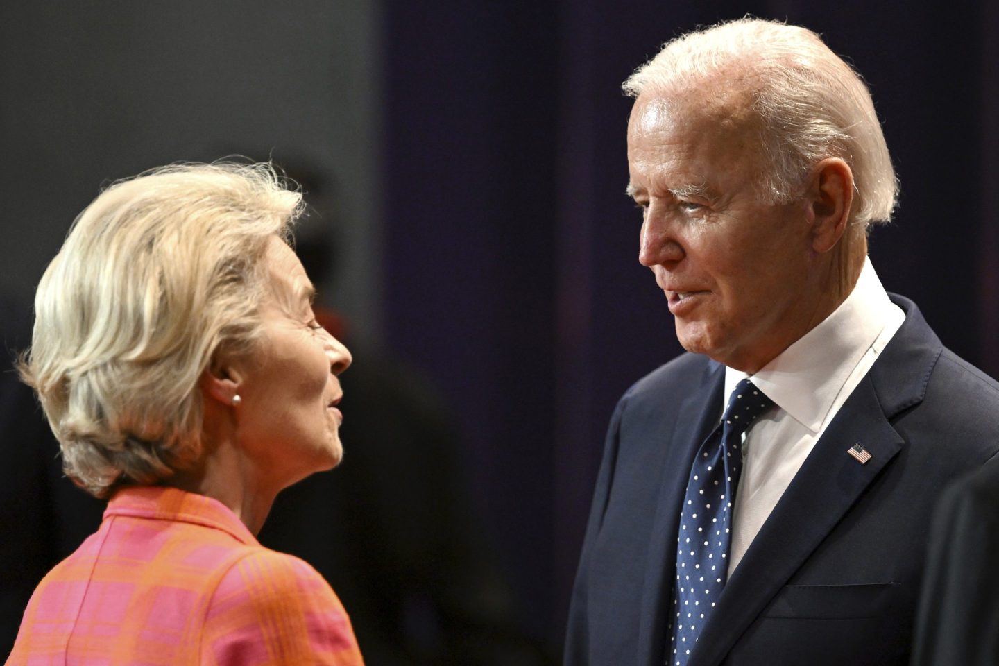 President of the European Commission, Ursula von der Leyen, left, speaks with President Joe Biden at the global meeting of G20 leaders in Nusa Dua, Bali, Indonesia, Nov. 15, 2022.