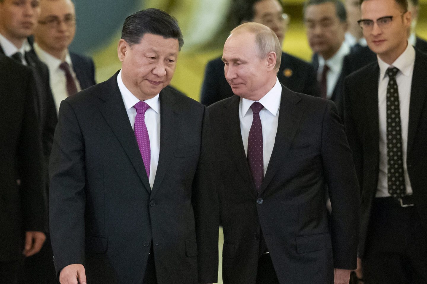Chinese President Xi Jinping, left, and Russian President Vladimir Putin enter a hall for talks in the Kremlin in Moscow, Russia, June 5, 2019. The Chinese government said Xi would visit Moscow from March 20, to March 22, 2023, but gave no indication when he departed.