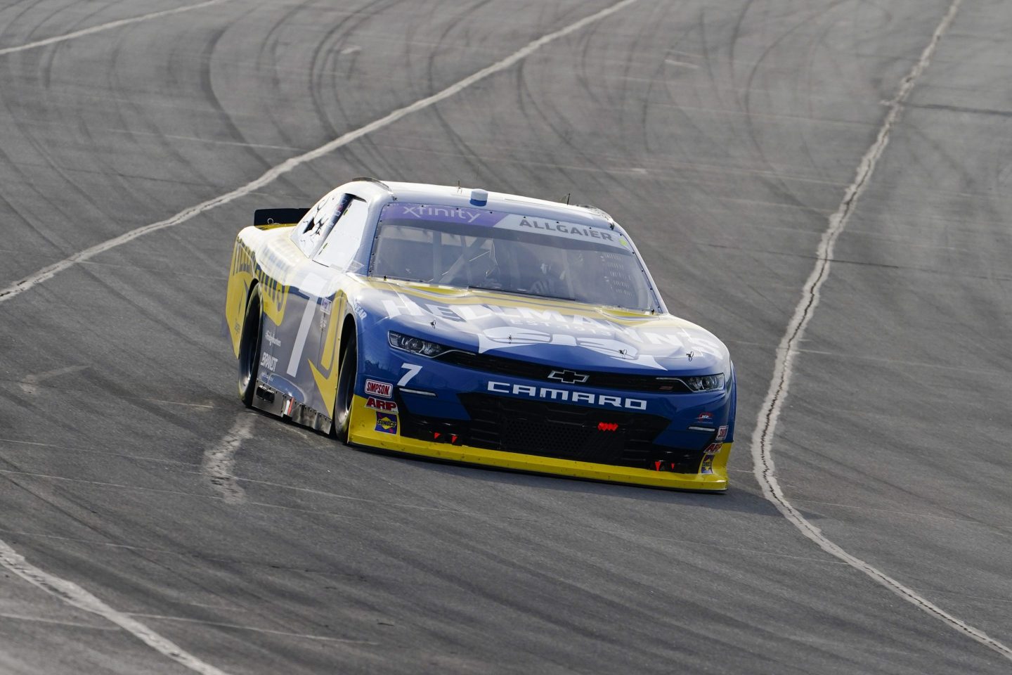 Justin Allgaier takes his Camaro through its paces as he drives in the NASCAR Xfinity Series auto race at Pocono Raceway, July 23, 2022, in Long Pond, Pa.