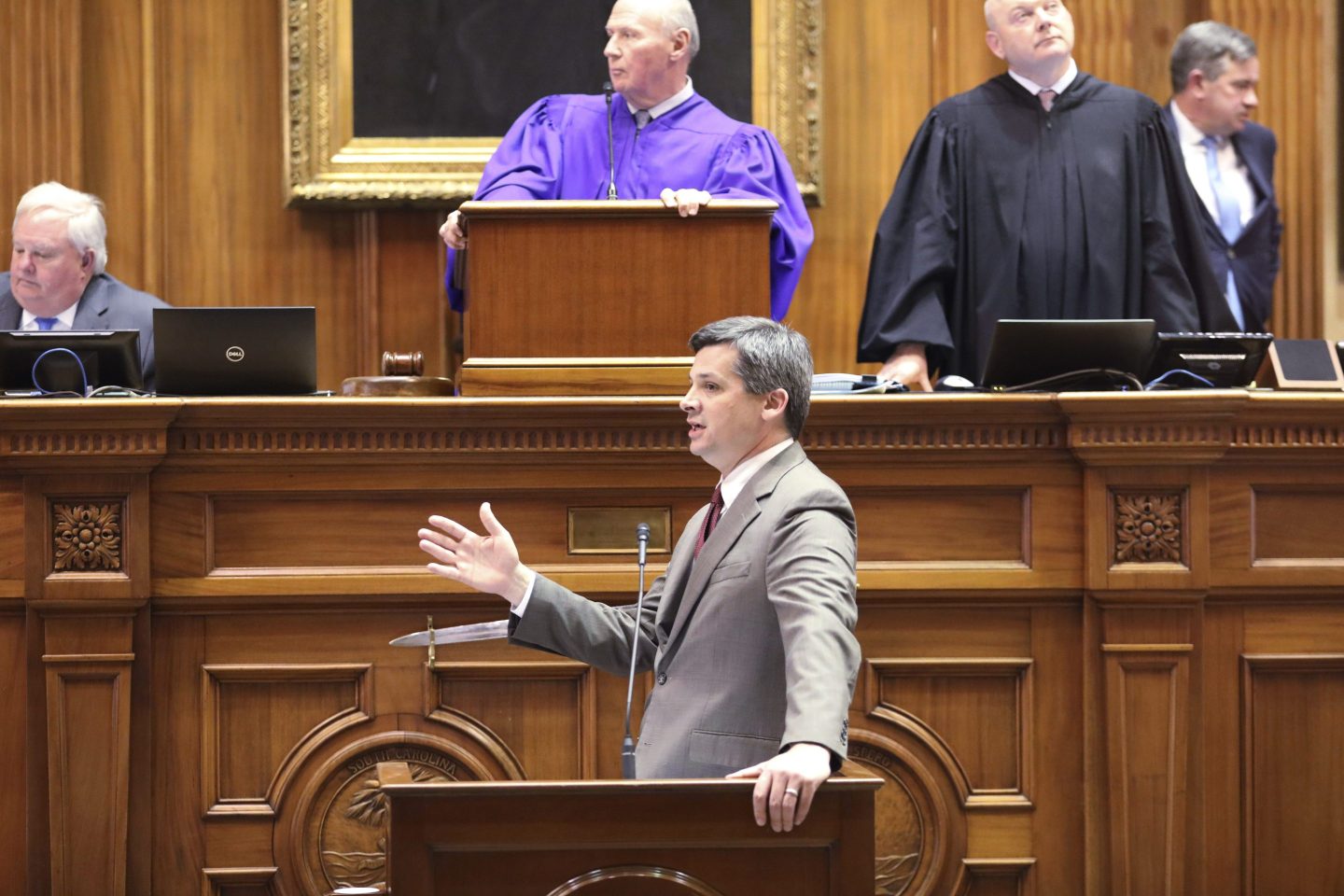 South Carolina Senate Majority Leader Shane Massey, R-Edgefield, speaks in favor of a bill that would limit the land holdings of foreign adversaries in the state on March 22, 2023, in Columbia, S.C.