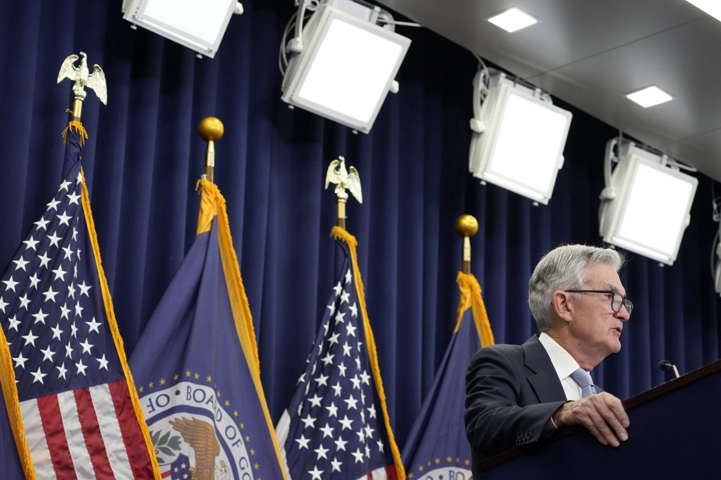 Federal Reserve Board Chair Jerome Powell speaks during a news conference at the Federal Reserve, Wednesday, March 22, 2023, in Washington.