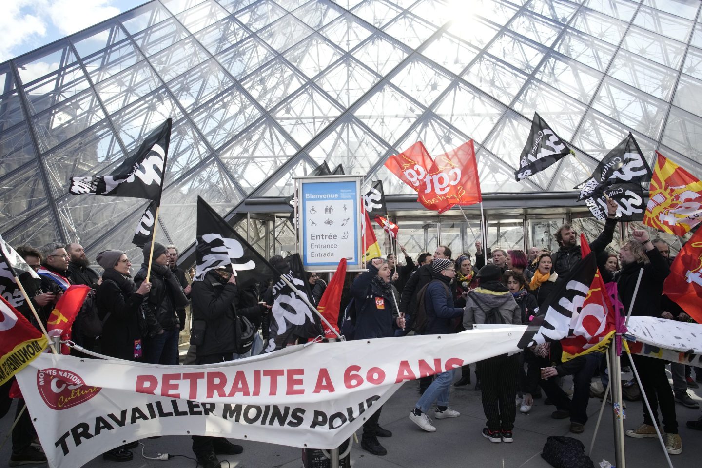 Workers of the culture industry demonstrate outside the Louvre museum Monday, March 27, 2023 in Paris.