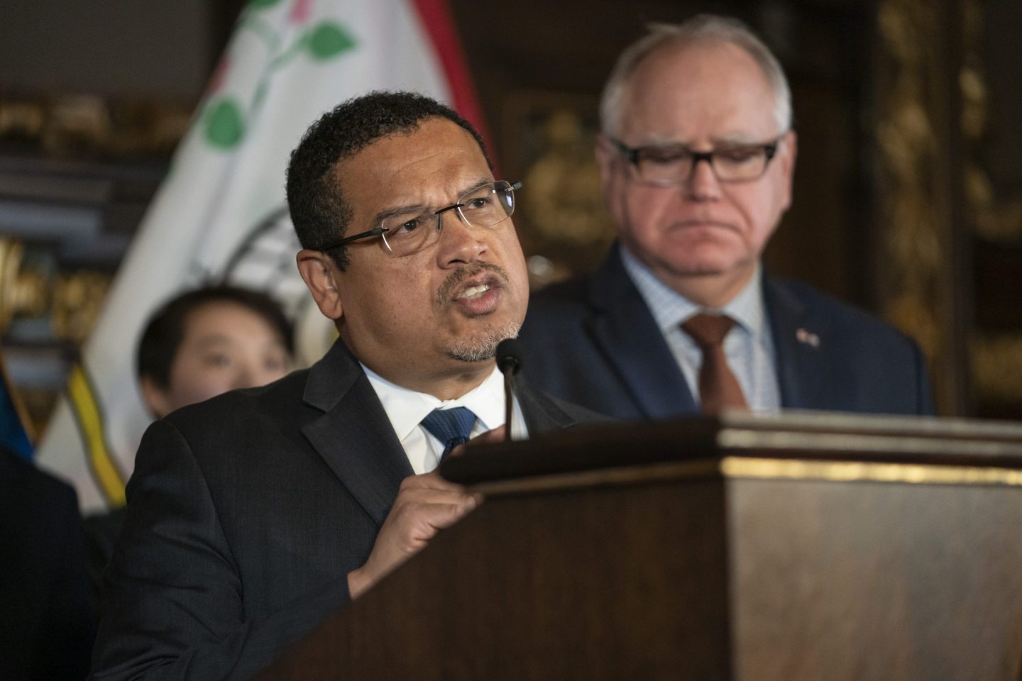 Minnesota Attorney General Keith Ellison speaks at a press conference at the State Capitol on Dec. 4, 2019, in St. Paul, Minn.