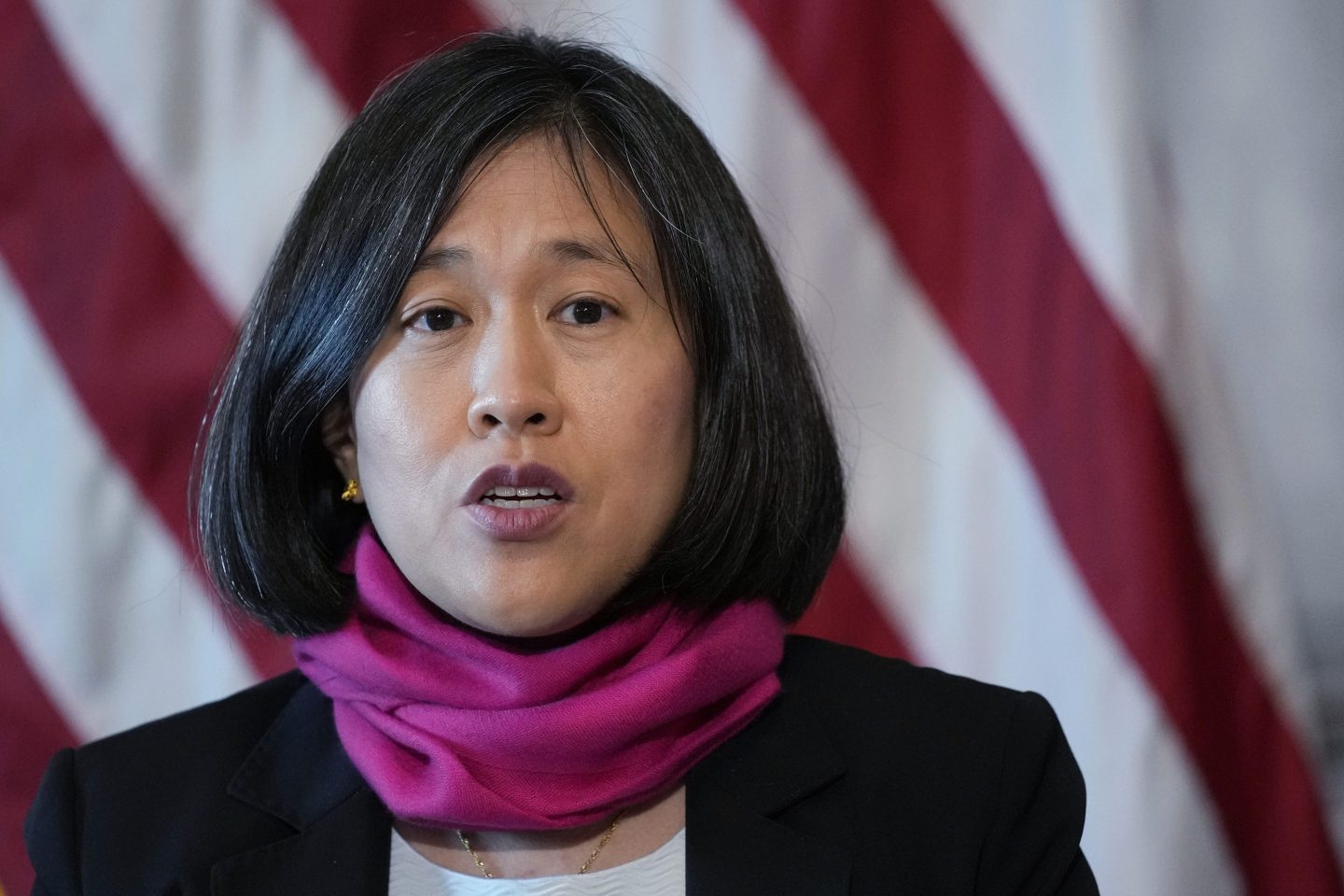 U.S. Trade Representative Katherine Tai speaks during a meeting with Japan's Minister for Economy, Trade, and Industry Nishimura Yasutoshi before they signed a memorandum of cooperation at the White House, on Jan. 6, 2023.