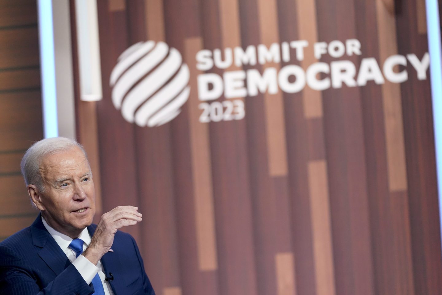 President Joe Biden speaks during a Summit for Democracy virtual plenary in the South Court Auditorium on the White House campus, Wednesday, March 29, 2023, in Washington.