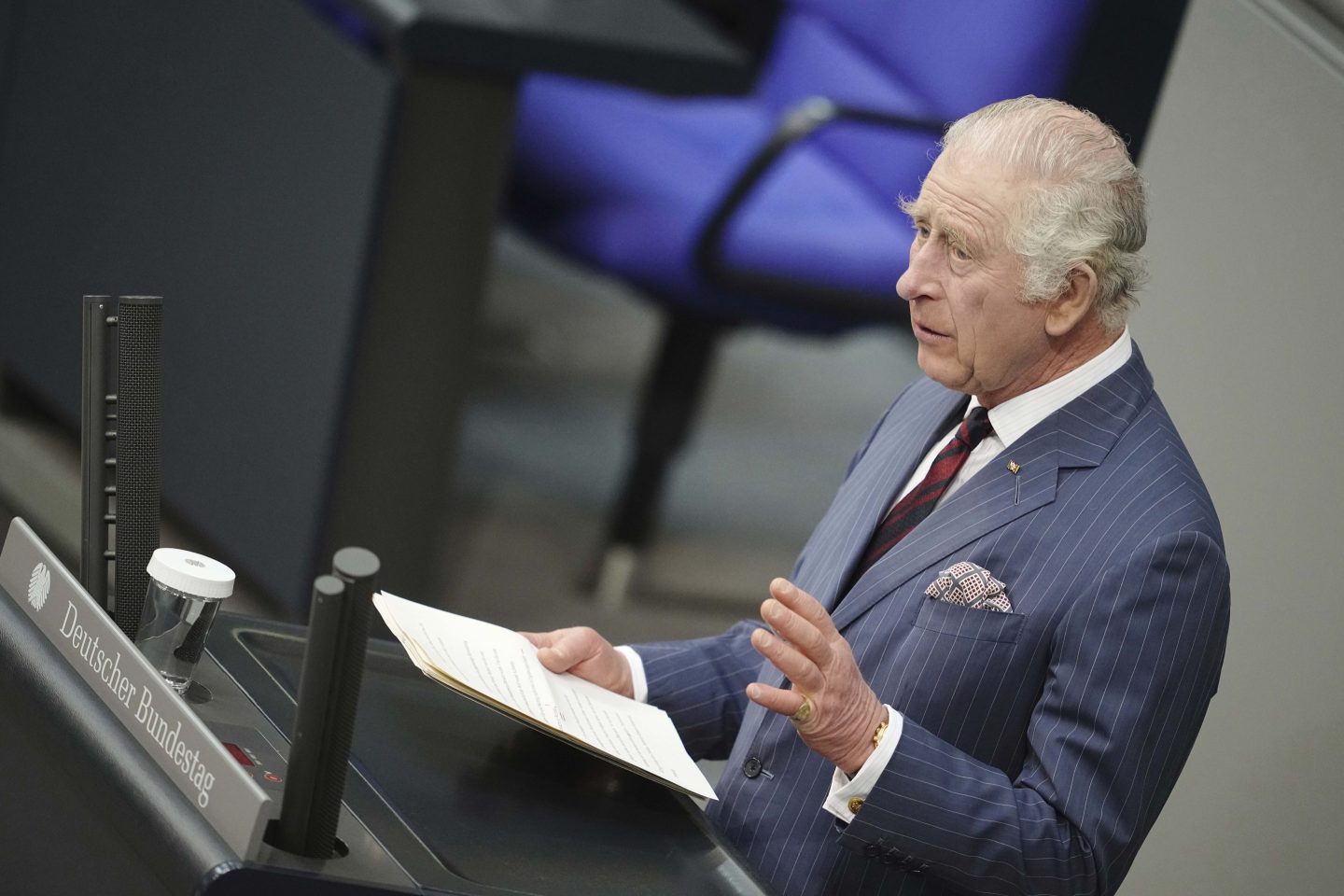 Britain's King Charles III speaks in the German parliament Bundestag on the second day of his trip to Germany in Berlin on March 30, 2023.