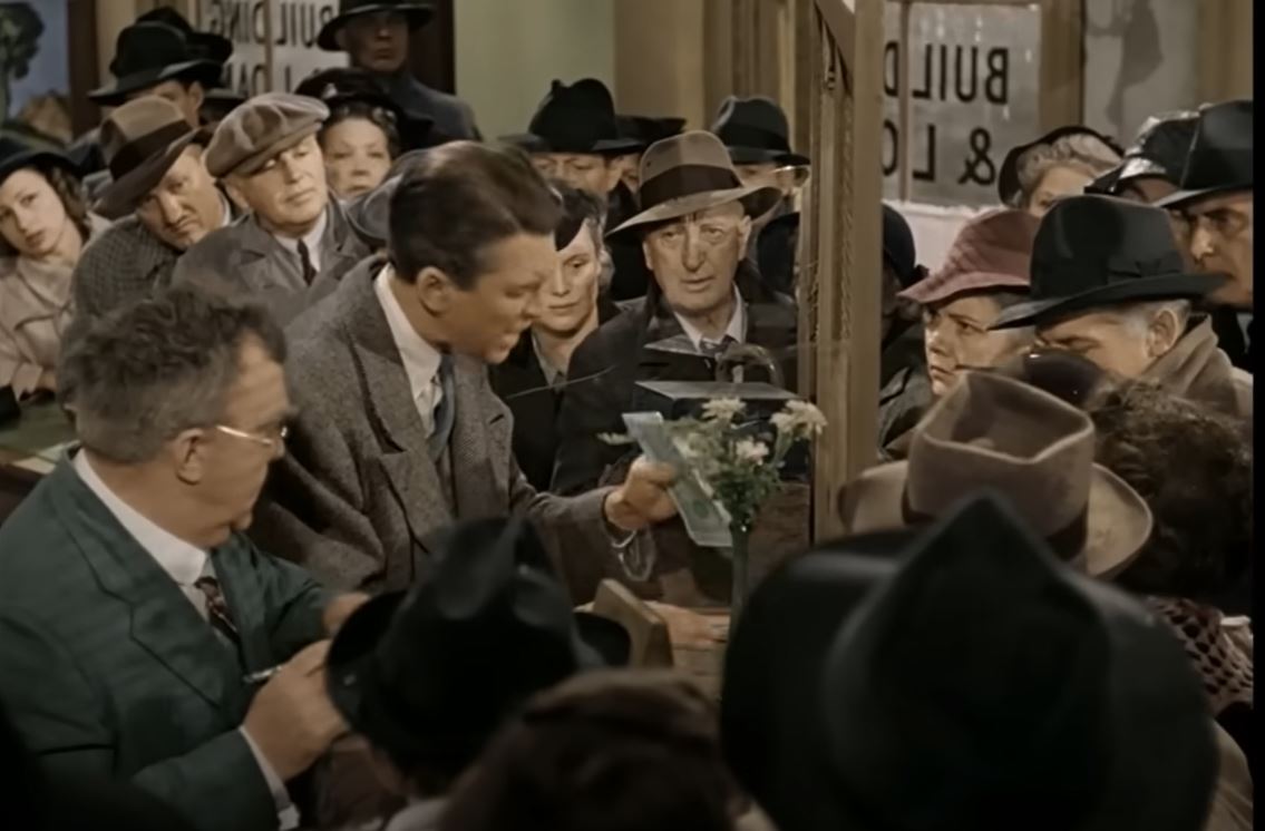 The famous bank run scene from the classic 1946 Frank Capra movie “It’s a Wonderful Life.”