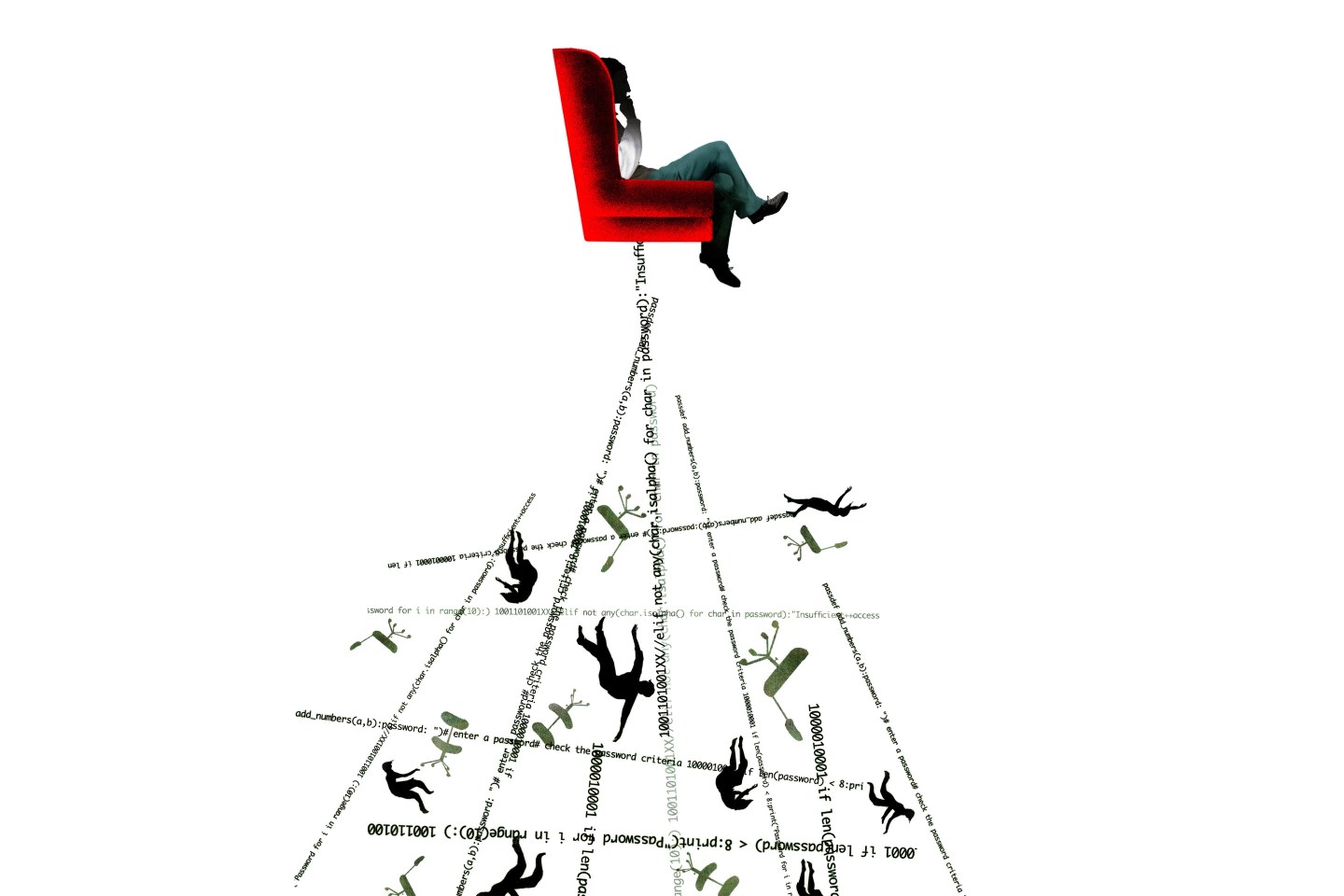 Ceo sits atop a falling scaffold of workers and code to conceptually show the problem with managers and layoffs