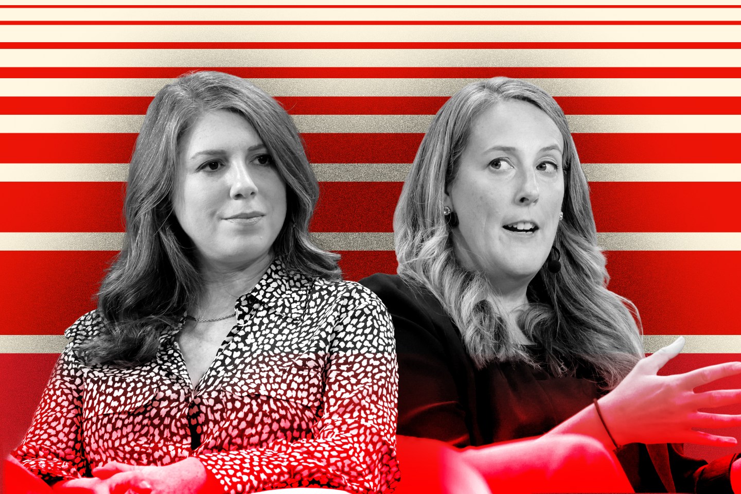 Photo illustration of Lindsay Kaplan and Carolyn Childers, the founders of Chief, over a red striped background.